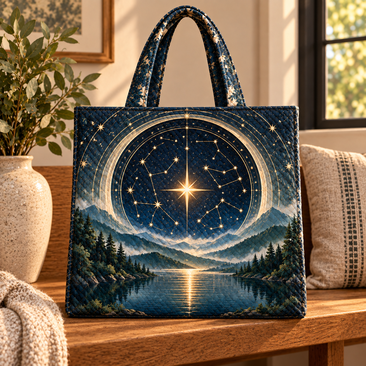 Quiet Constellations Quilted Tote Bag with printed optical 3D artwork in its use setting