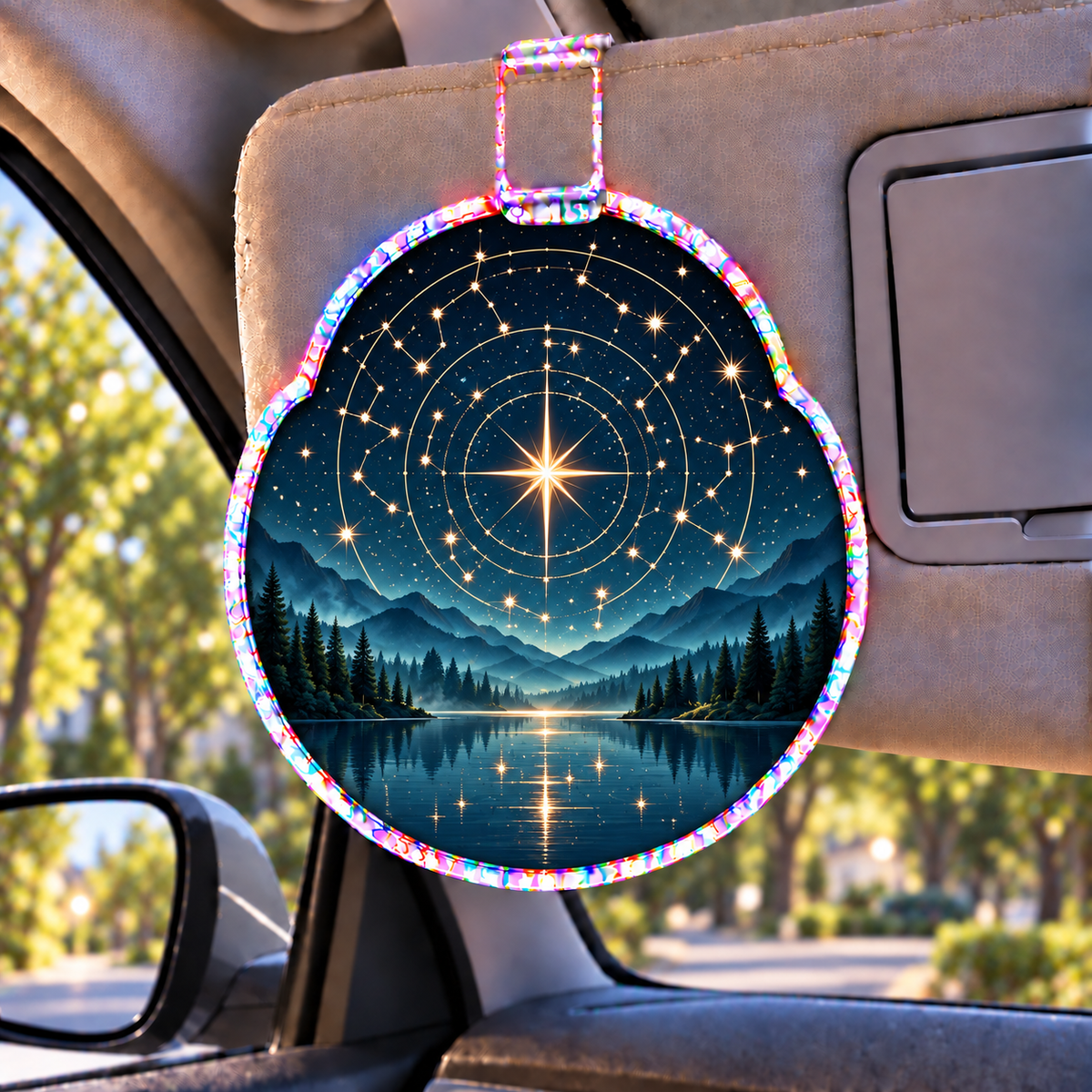 Quiet Constellations Holographic Car Visor Clip with printed optical 3D artwork in its use setting