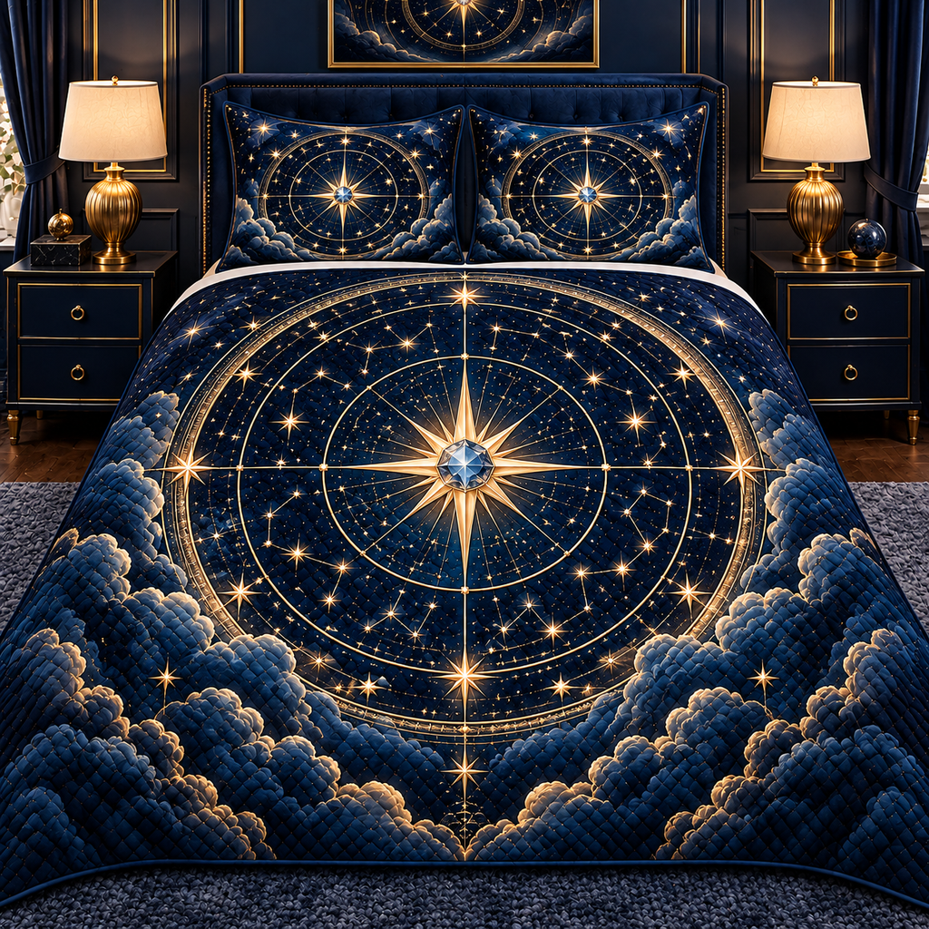 Starlit Collector Quilted Bedding Set with printed optical 3D artwork in its use setting