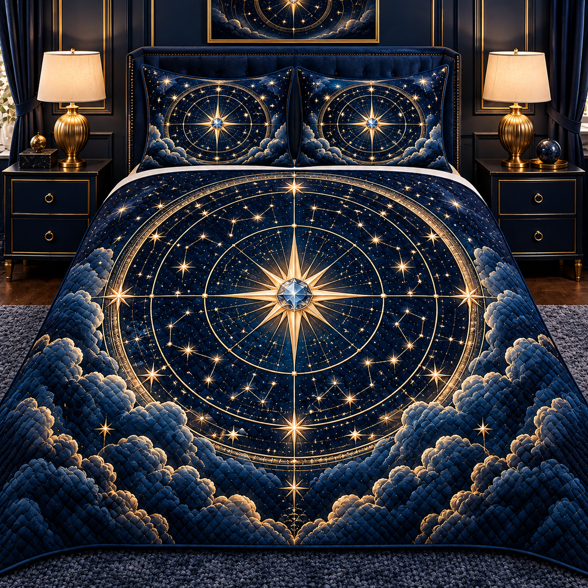 Starlit Collector Quilted Bedding Set with printed optical 3D artwork in its use setting