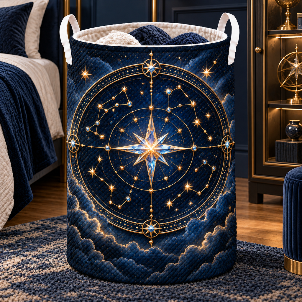 Starlit Collector Laundry Hamper with printed optical 3D artwork in its use setting