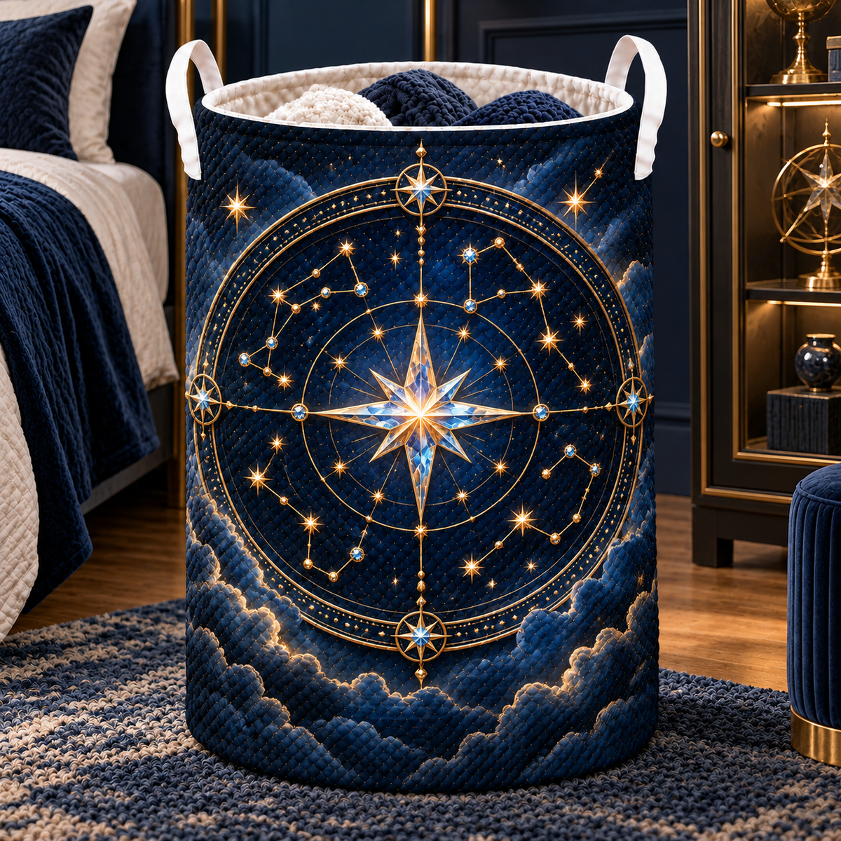 Starlit Collector Laundry Hamper with printed optical 3D artwork in its use setting