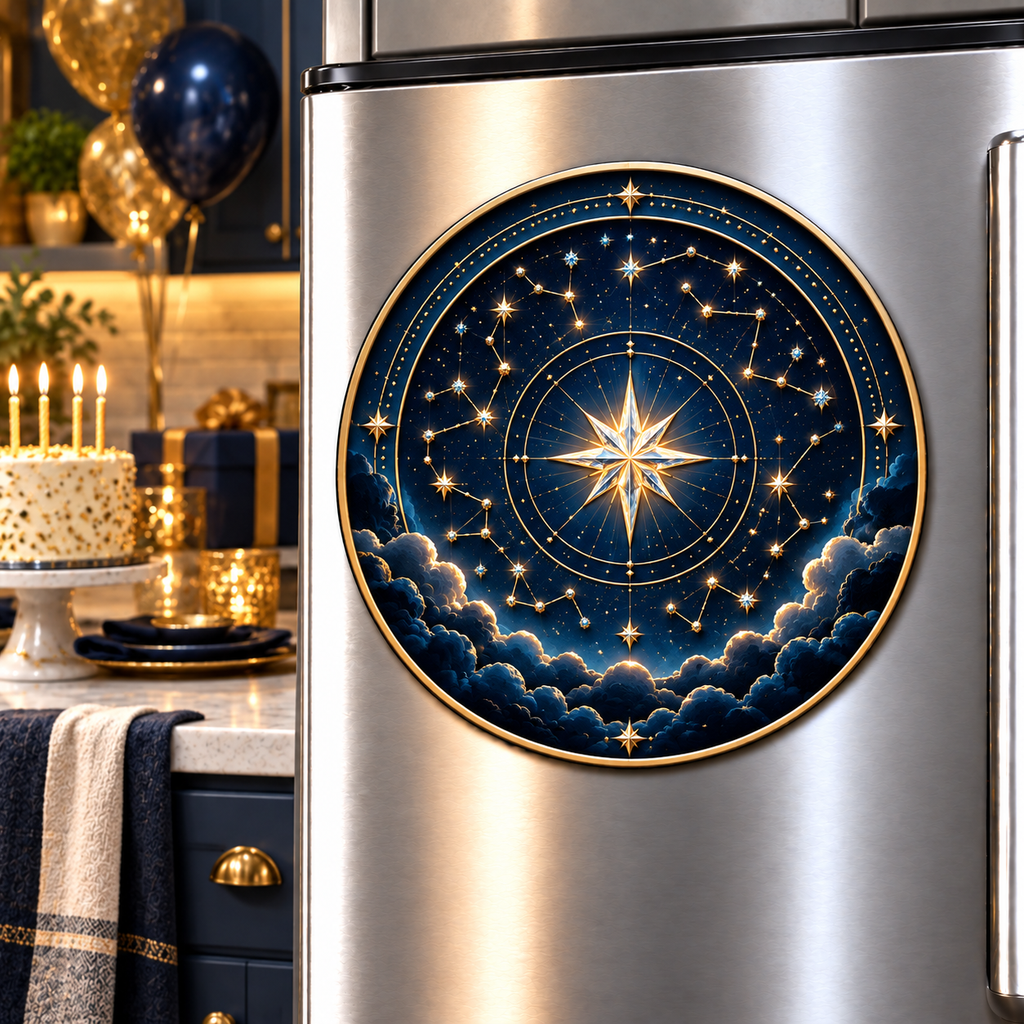 Starlit Collector Acrylic Refrigerator Magnet with printed optical 3D artwork in its use setting