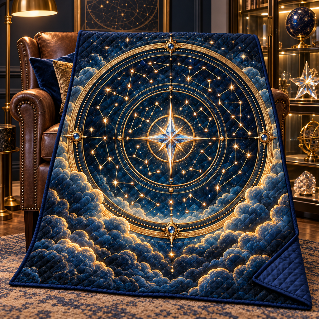 Starlit Collector Quilt Blanket with printed optical 3D artwork in its use setting