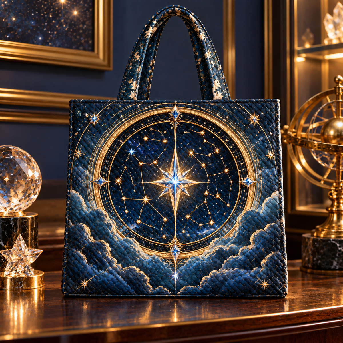 Starlit Collector Quilted Tote Bag with printed optical 3D artwork in its use setting