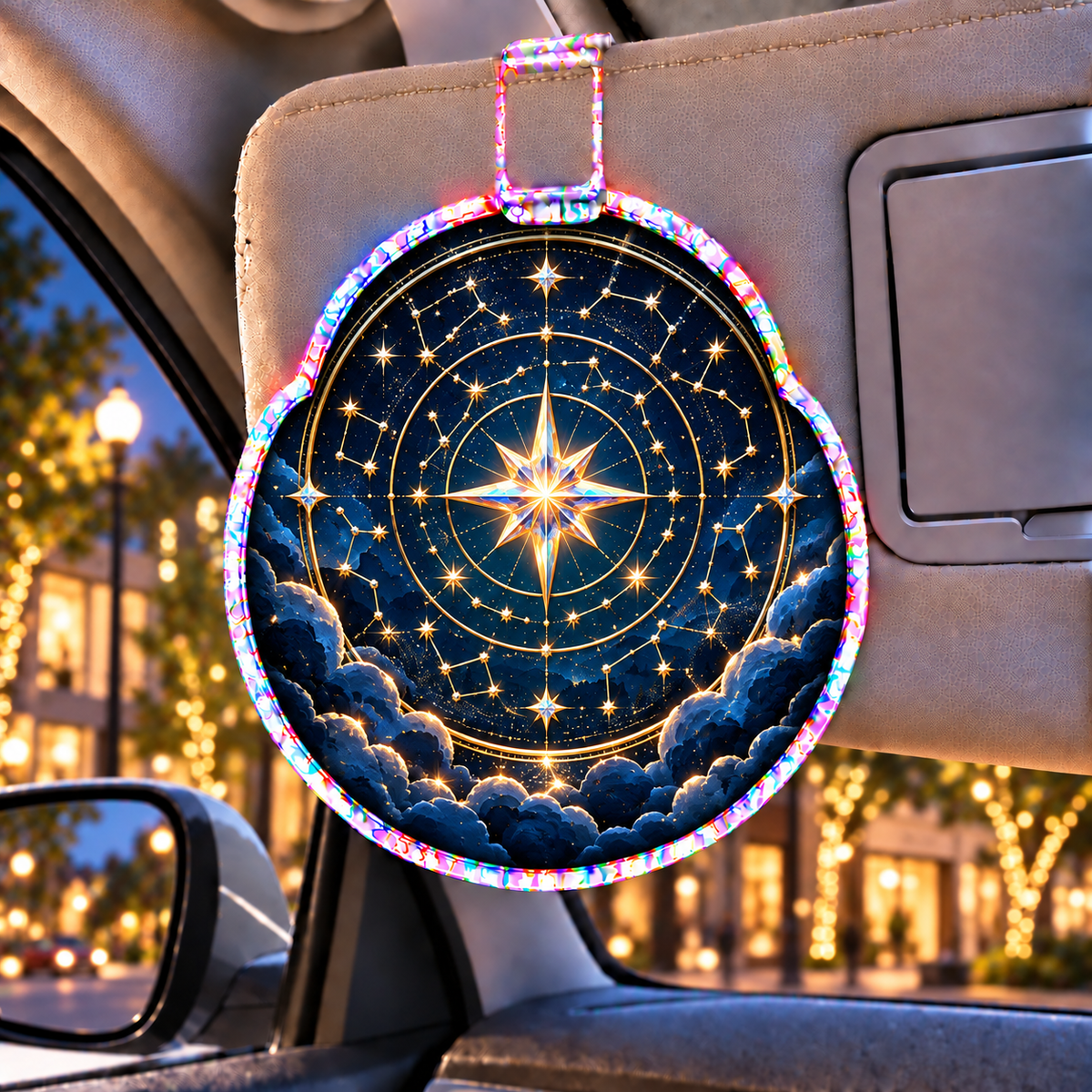Starlit Collector Holographic Car Visor Clip with printed optical 3D artwork in its use setting