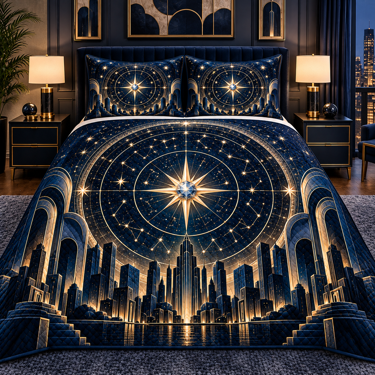 Metropolitan Star Map Quilted Bedding Set with printed optical 3D artwork in its use setting