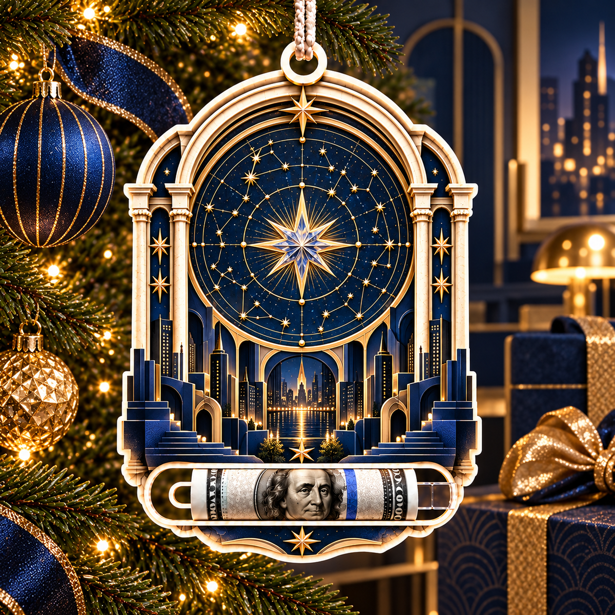 Metropolitan Star Map Acrylic Cash Holder Ornament with printed optical 3D artwork in its use setting