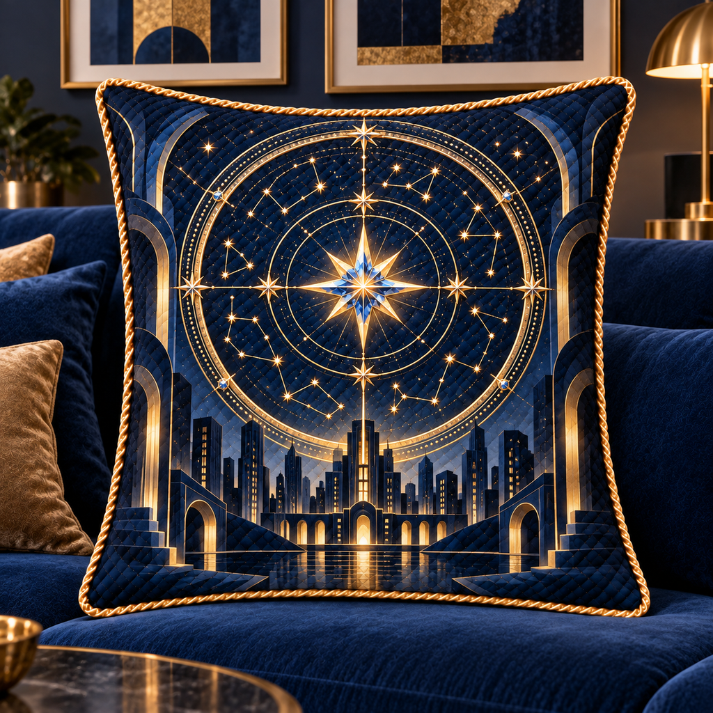 Metropolitan Star Map Quilted Cushion Cover with printed optical 3D artwork in its use setting