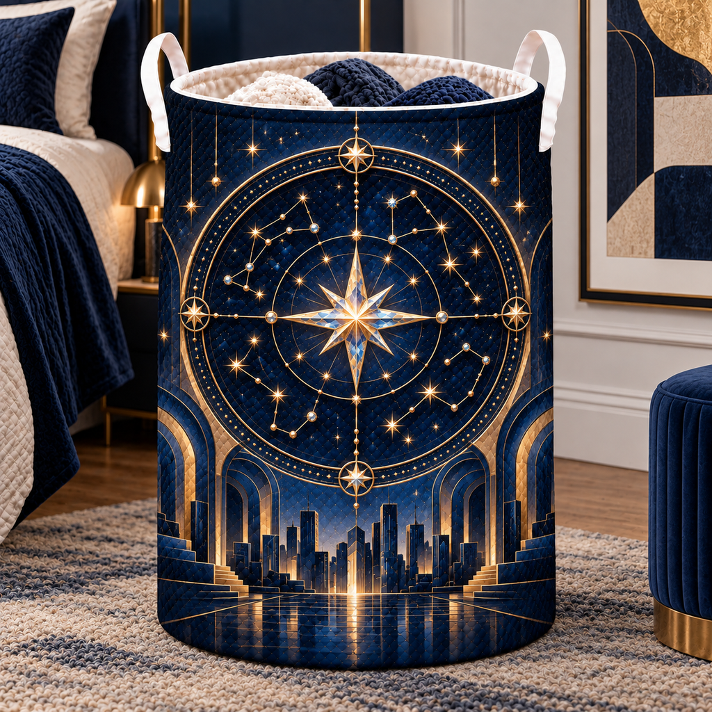 Metropolitan Star Map Laundry Hamper with printed optical 3D artwork in its use setting