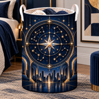 Metropolitan Star Map Laundry Hamper with printed optical 3D artwork in its use setting