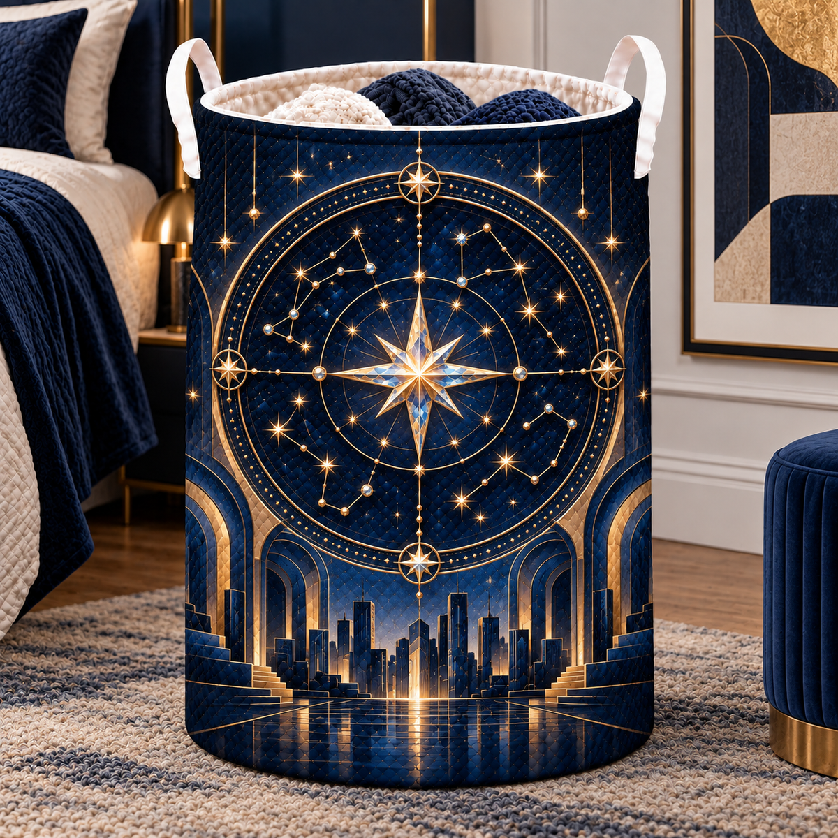 Metropolitan Star Map Laundry Hamper with printed optical 3D artwork in its use setting
