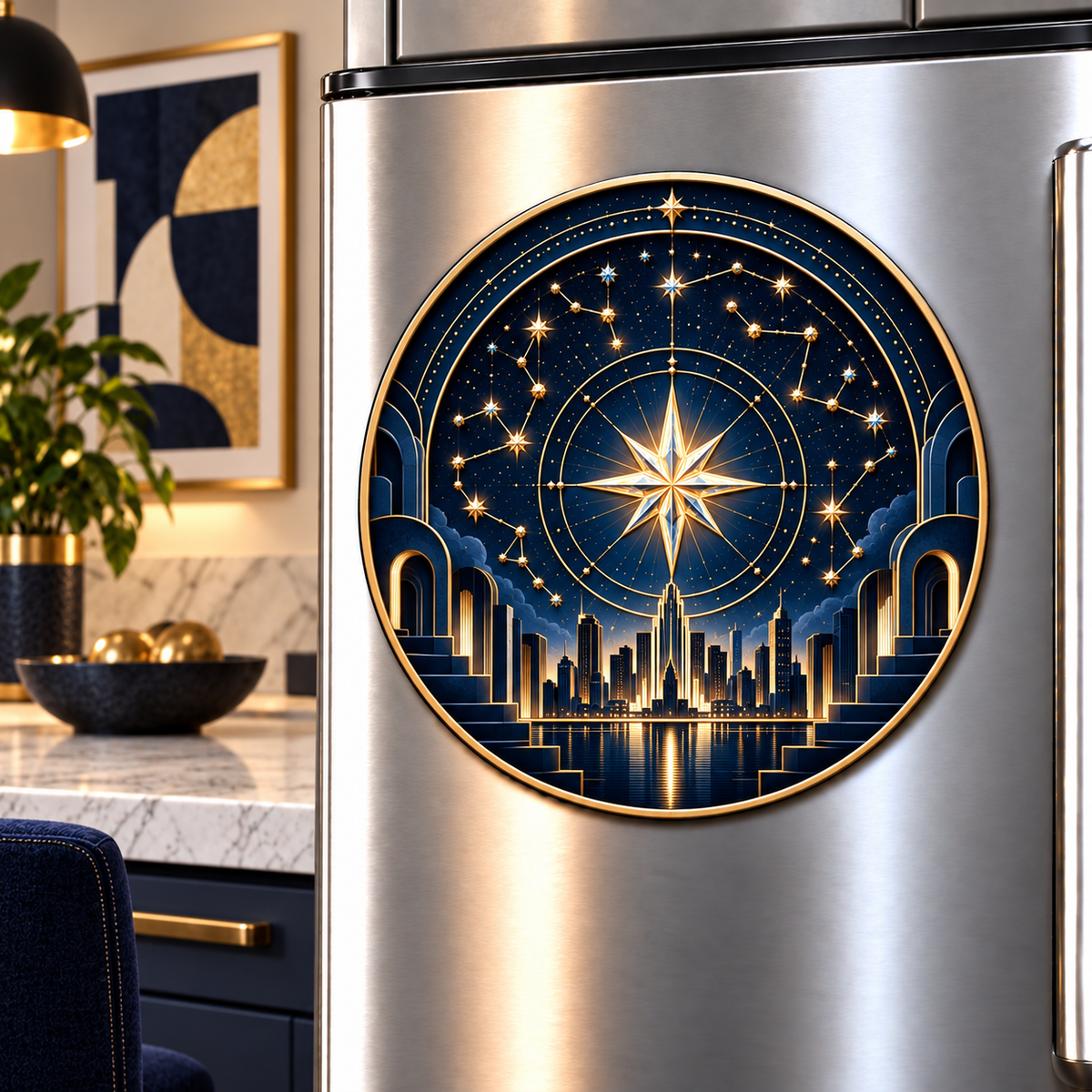 Metropolitan Star Map Acrylic Refrigerator Magnet with printed optical 3D artwork in its use setting