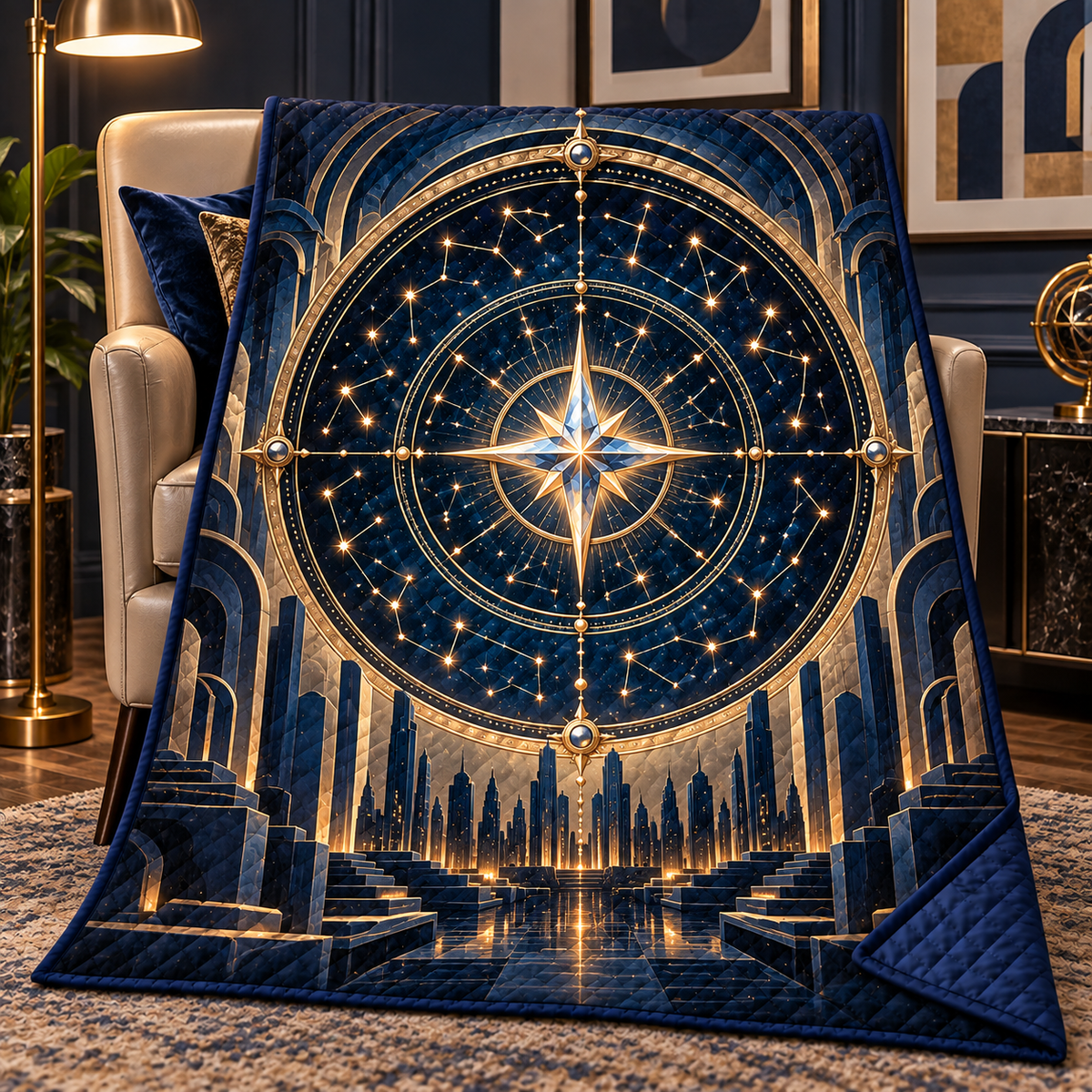 Metropolitan Star Map Quilt Blanket with printed optical 3D artwork in its use setting