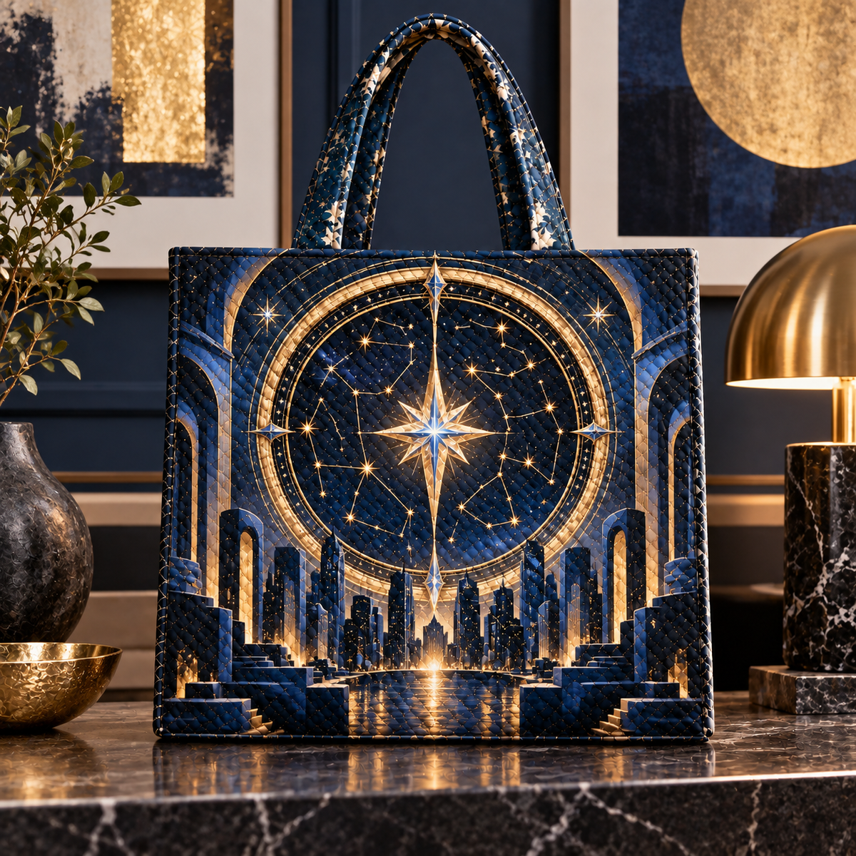 Metropolitan Star Map Quilted Tote Bag with printed optical 3D artwork in its use setting