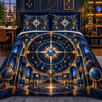 Celestial Maker Quilted Bedding Set with printed optical 3D artwork in its use setting
