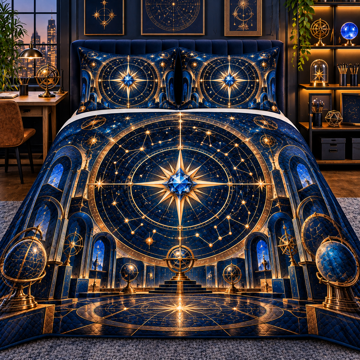 Celestial Maker Quilted Bedding Set with printed optical 3D artwork in its use setting