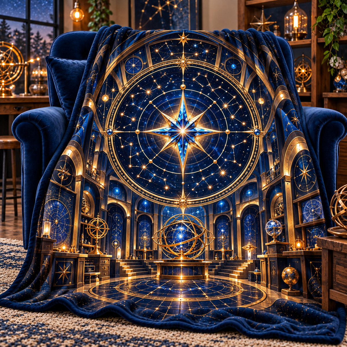 Celestial Maker Sherpa & Fleece Blanket with printed optical 3D artwork in its use setting