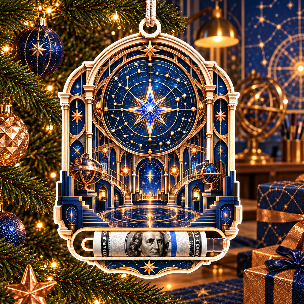 Celestial Maker Acrylic Cash Holder Ornament with printed optical 3D artwork in its use setting