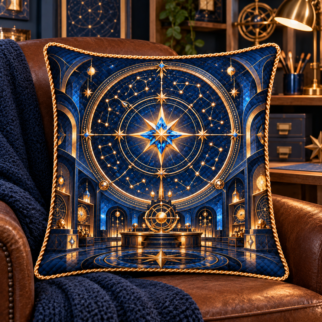 Celestial Maker Quilted Cushion Cover with printed optical 3D artwork in its use setting