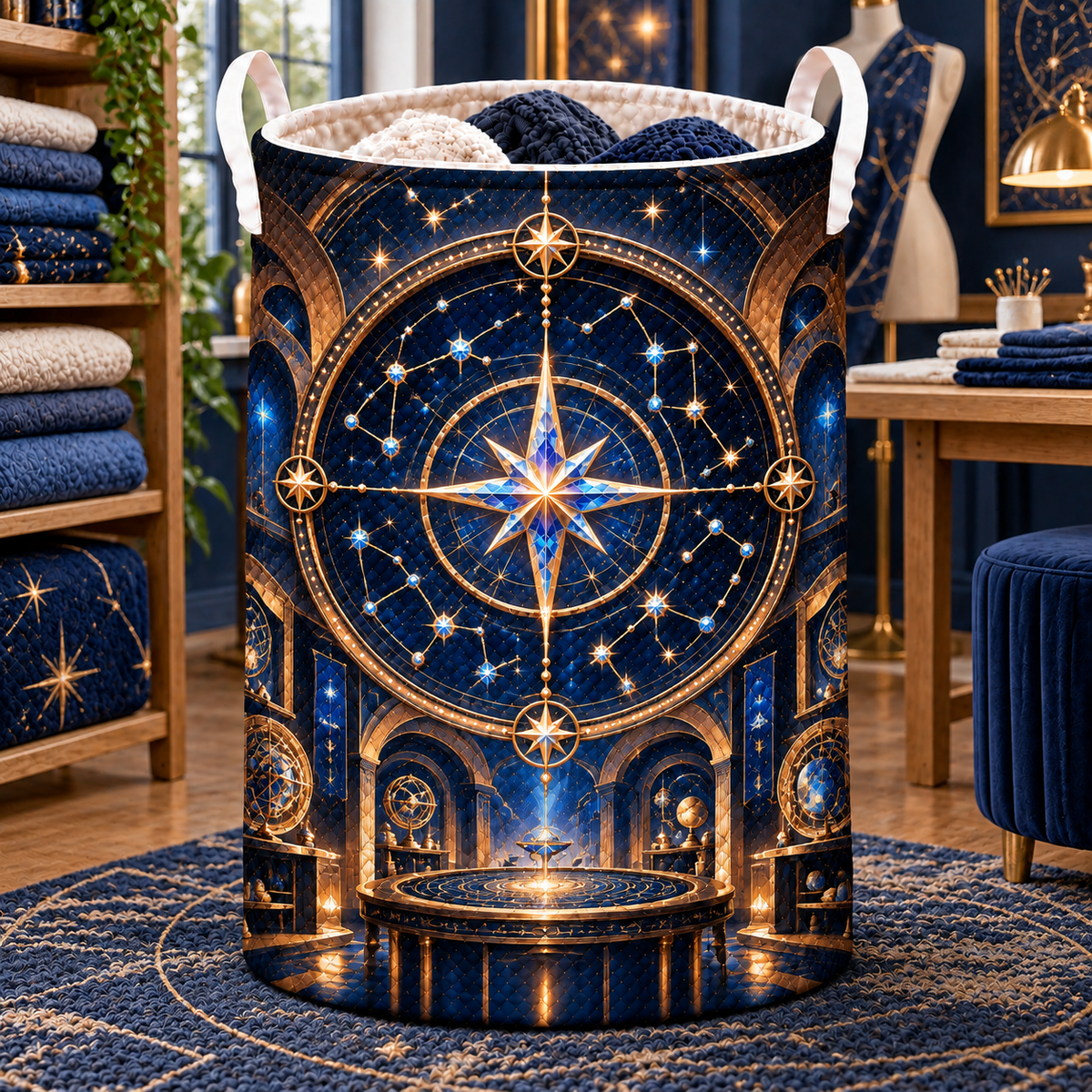 Celestial Maker Laundry Hamper with printed optical 3D artwork in its use setting
