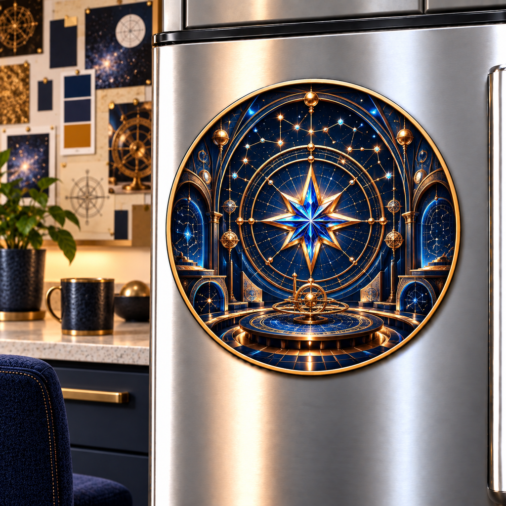 Celestial Maker Acrylic Refrigerator Magnet with printed optical 3D artwork in its use setting