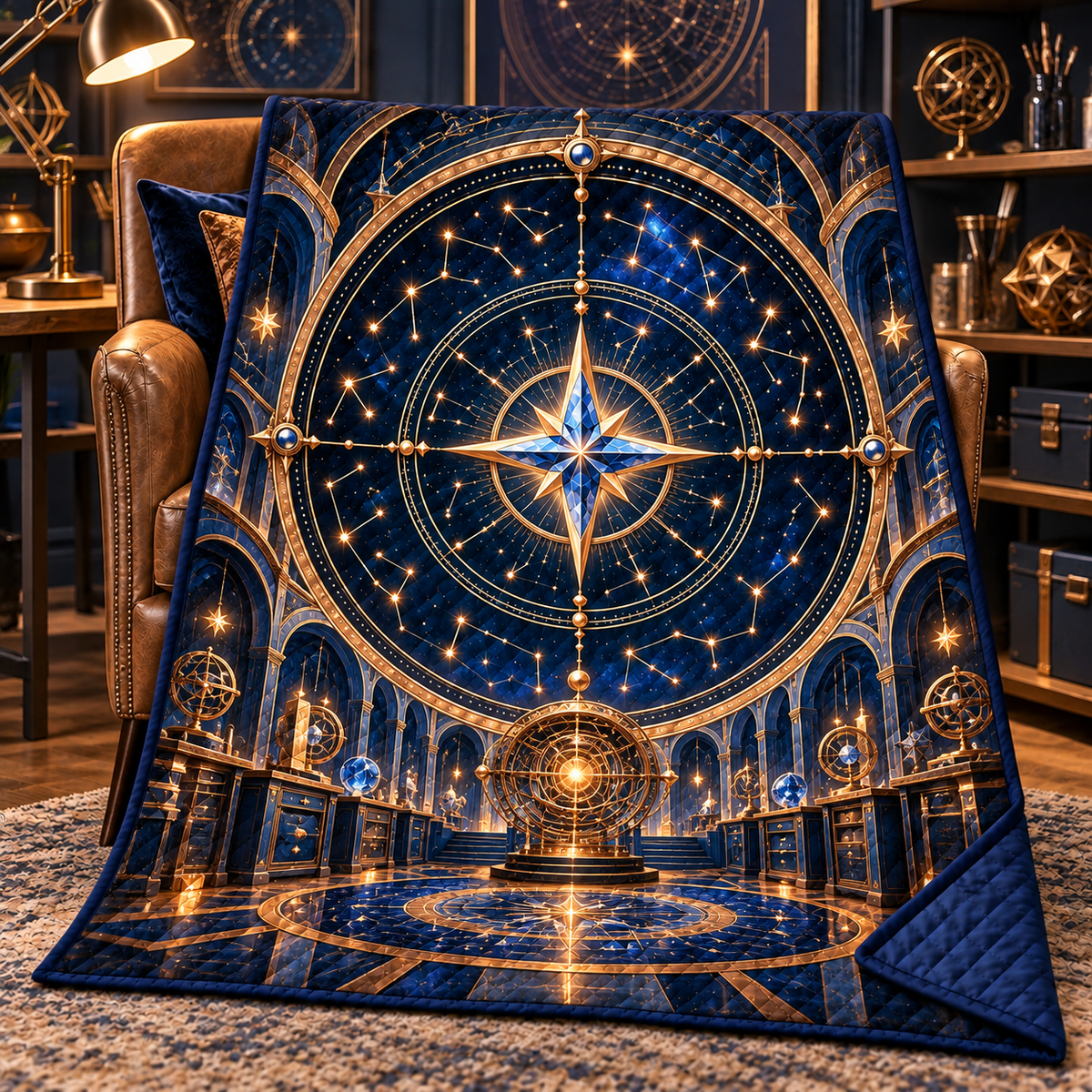 Celestial Maker Quilt Blanket with printed optical 3D artwork in its use setting