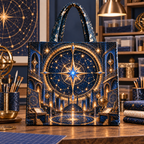 Celestial Maker Quilted Tote Bag with printed optical 3D artwork in its use setting