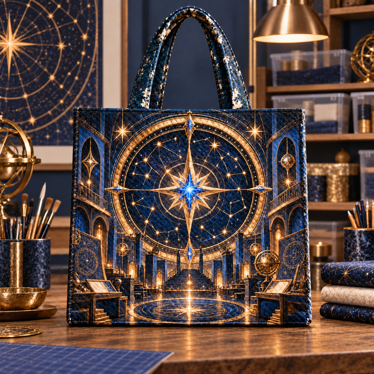 Celestial Maker Quilted Tote Bag with printed optical 3D artwork in its use setting