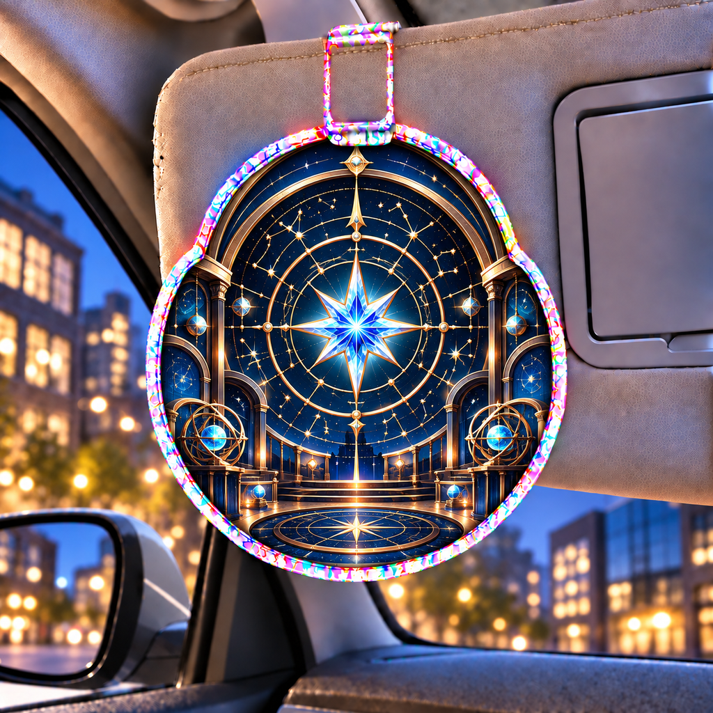Celestial Maker Holographic Car Visor Clip with printed optical 3D artwork in its use setting