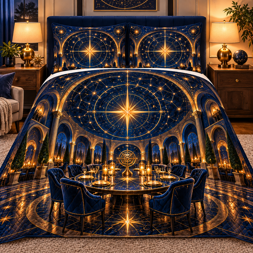 Gathered Under Stars Quilted Bedding Set with printed optical 3D artwork in its use setting
