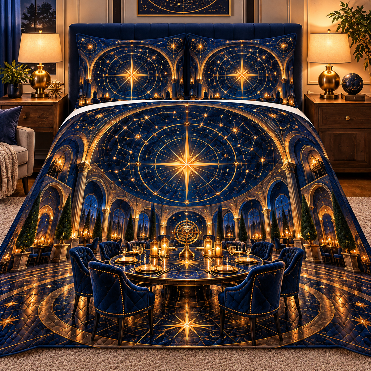 Gathered Under Stars Quilted Bedding Set with printed optical 3D artwork in its use setting