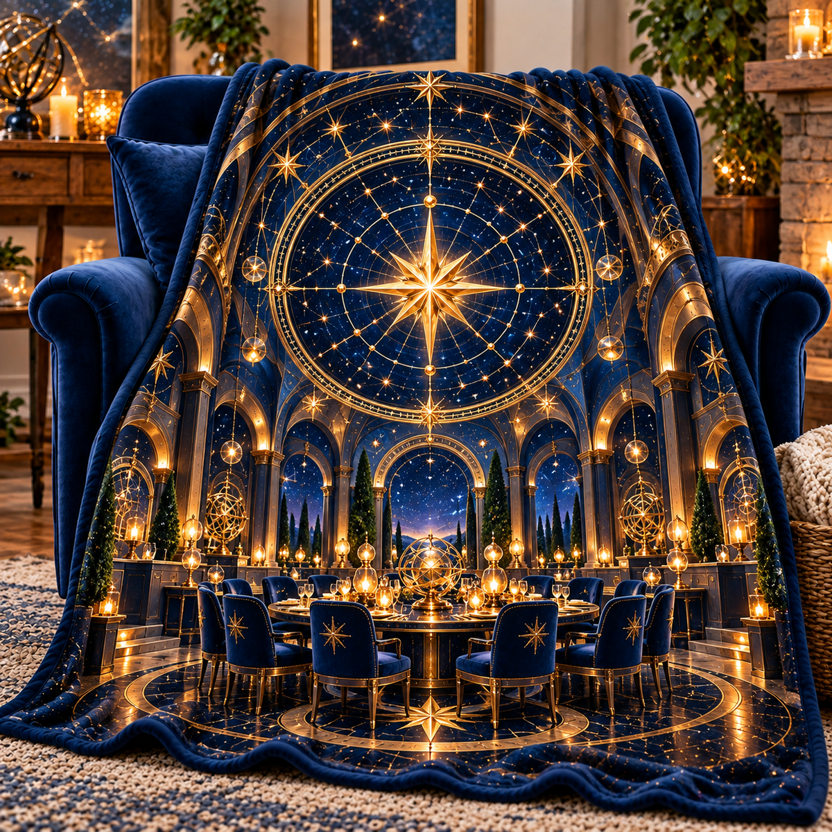 Gathered Under Stars Sherpa & Fleece Blanket with printed optical 3D artwork in its use setting
