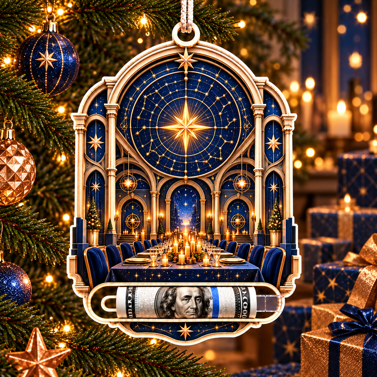 Gathered Under Stars Acrylic Cash Holder Ornament with printed optical 3D artwork in its use setting
