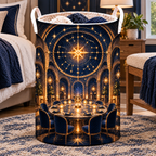 Gathered Under Stars Laundry Hamper with printed optical 3D artwork in its use setting