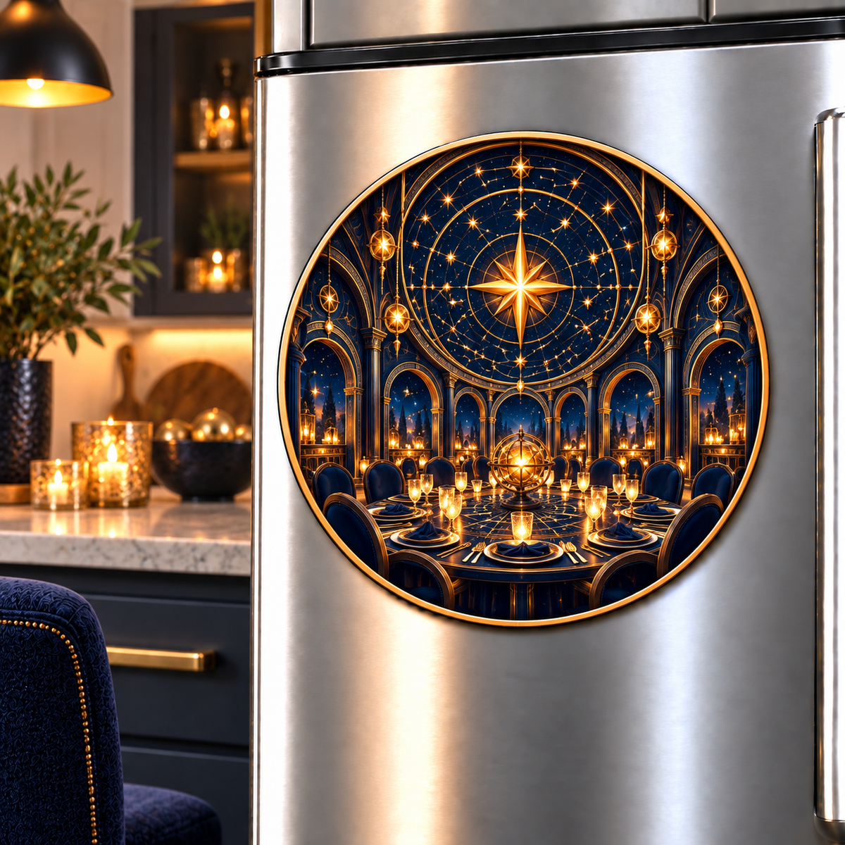Gathered Under Stars Acrylic Refrigerator Magnet with printed optical 3D artwork in its use setting