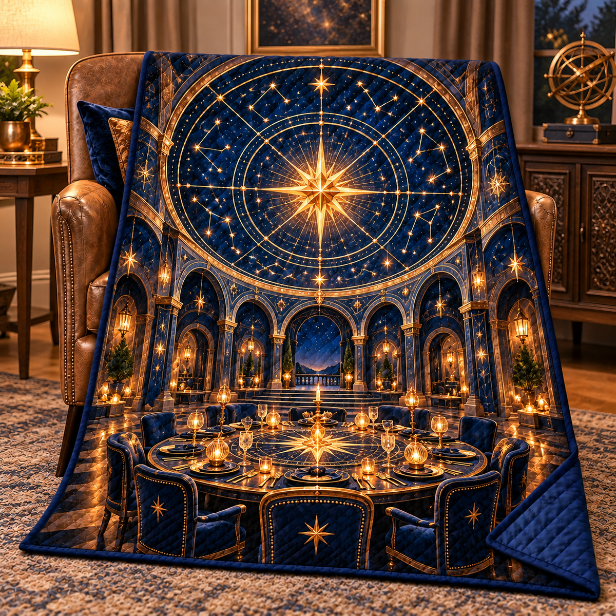 Gathered Under Stars Quilt Blanket with printed optical 3D artwork in its use setting