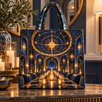 Gathered Under Stars Quilted Tote Bag with printed optical 3D artwork in its use setting
