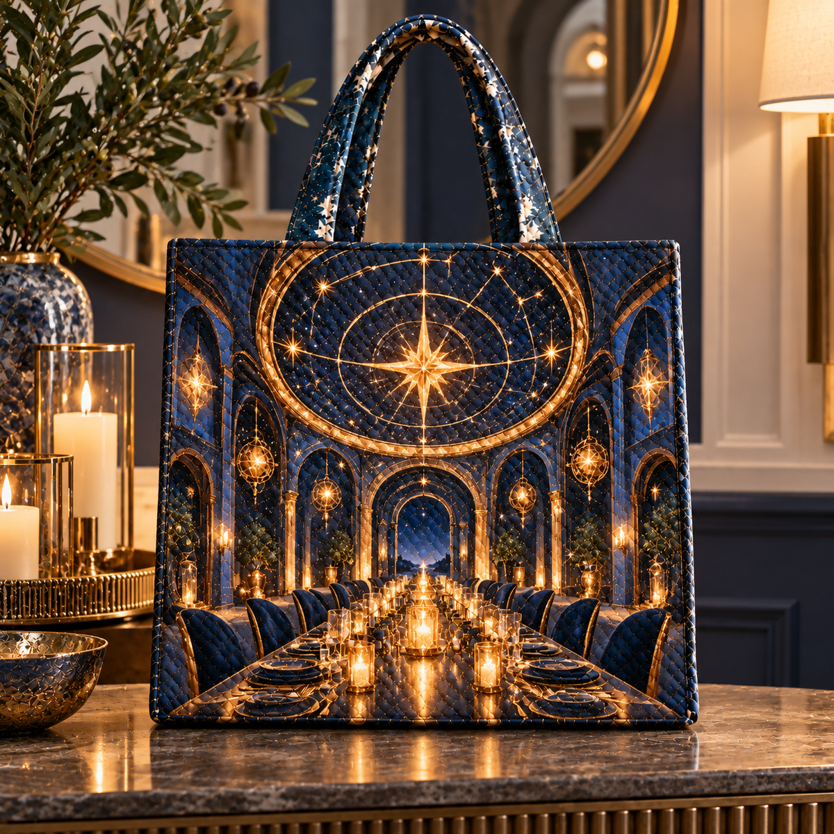 Gathered Under Stars Quilted Tote Bag with printed optical 3D artwork in its use setting