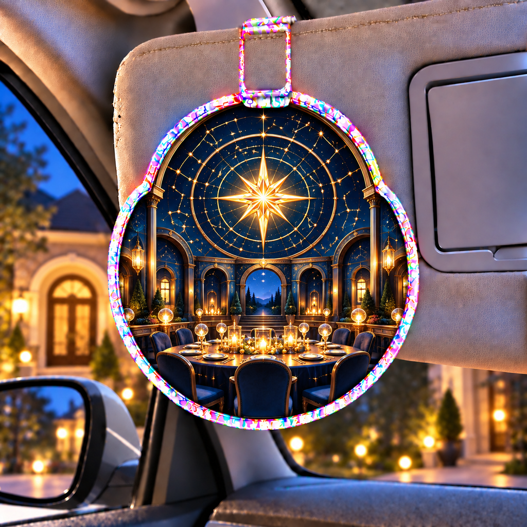 Gathered Under Stars Holographic Car Visor Clip with printed optical 3D artwork in its use setting