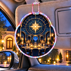 Gathered Under Stars Holographic Car Visor Clip with printed optical 3D artwork in its use setting