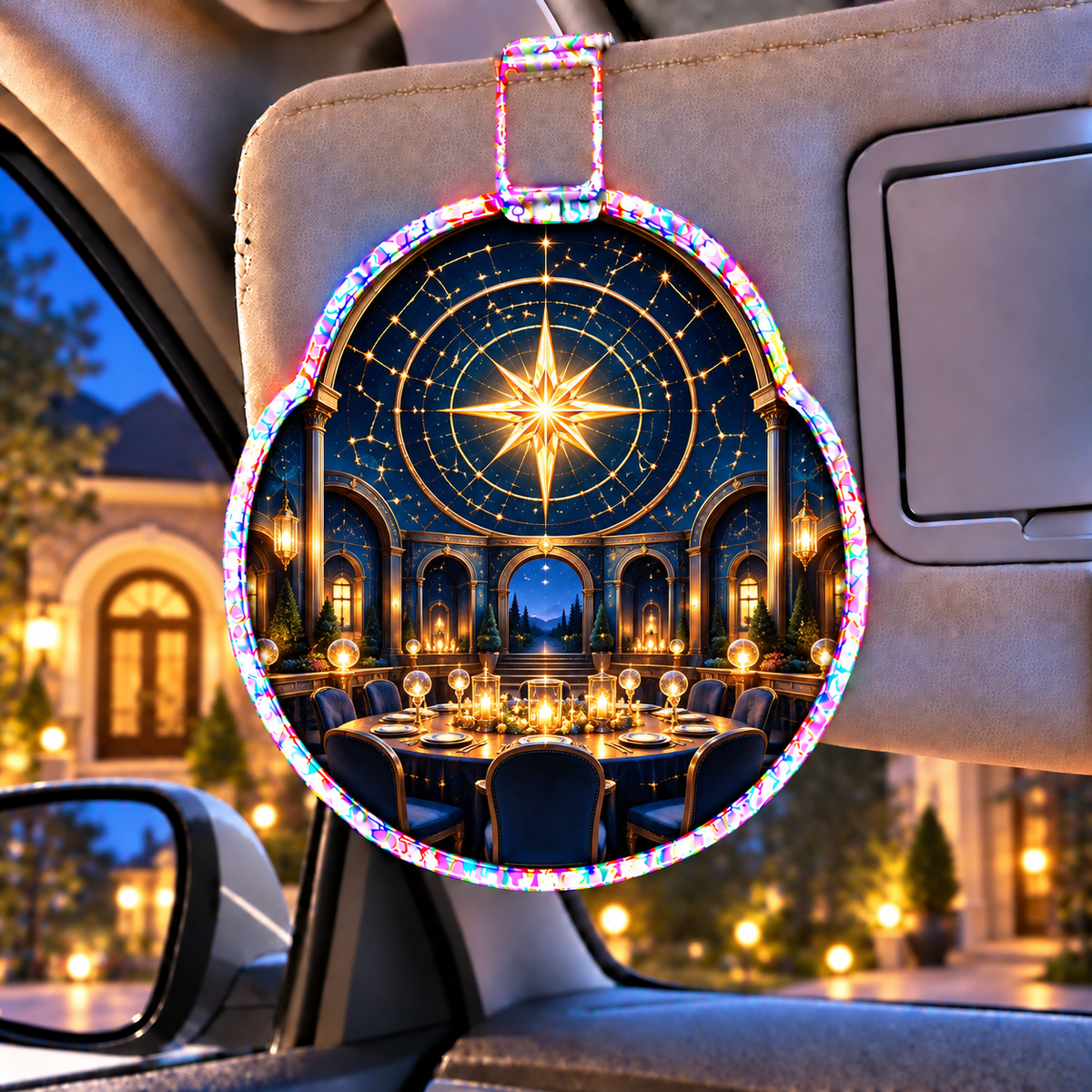 Gathered Under Stars Holographic Car Visor Clip with printed optical 3D artwork in its use setting