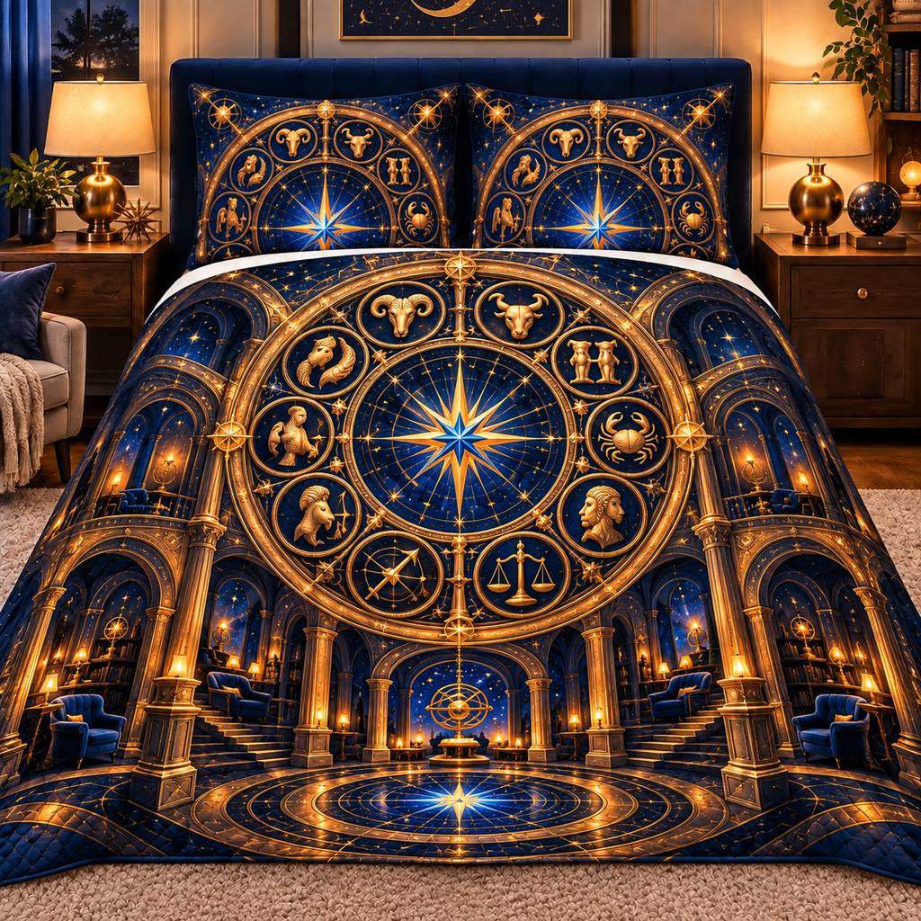 Zodiac Reading Sanctuary Quilted Bedding Set with printed optical 3D artwork in its use setting