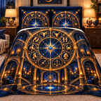 Zodiac Reading Sanctuary Quilted Bedding Set with printed optical 3D artwork in its use setting