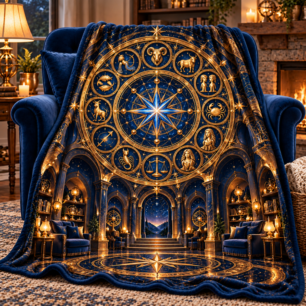 Zodiac Reading Sanctuary Sherpa & Fleece Blanket with printed optical 3D artwork in its use setting