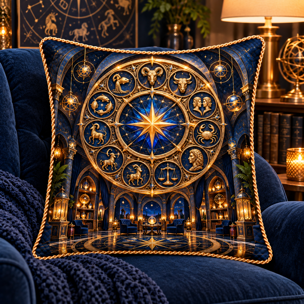 Zodiac Reading Sanctuary Quilted Cushion Cover with printed optical 3D artwork in its use setting