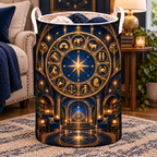 Zodiac Reading Sanctuary Laundry Hamper with printed optical 3D artwork in its use setting
