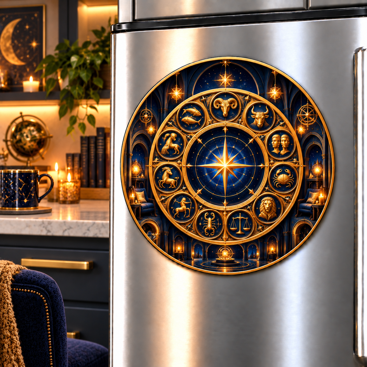 Zodiac Reading Sanctuary Acrylic Refrigerator Magnet with printed optical 3D artwork in its use setting