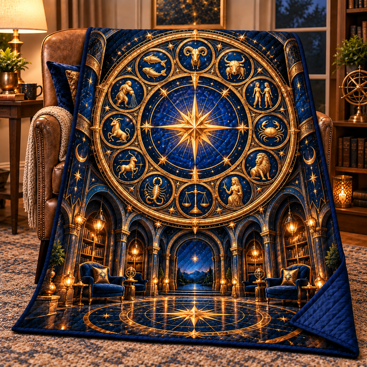 Zodiac Reading Sanctuary Quilt Blanket with printed optical 3D artwork in its use setting