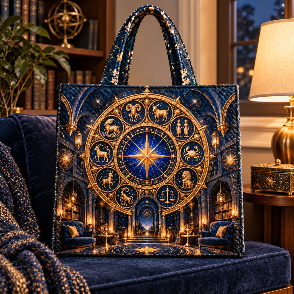 Zodiac Reading Sanctuary Quilted Tote Bag with printed optical 3D artwork in its use setting